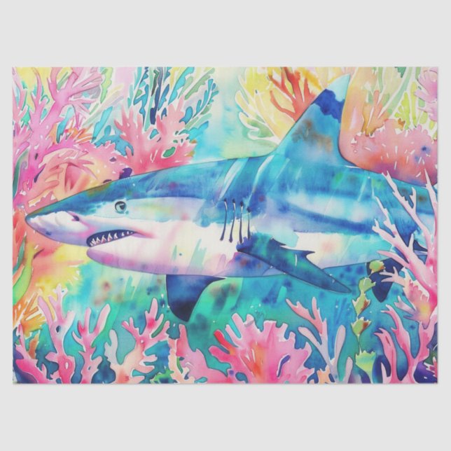 Papier Mousseline Requin Aquarelle Tropical Coloré (Recto)