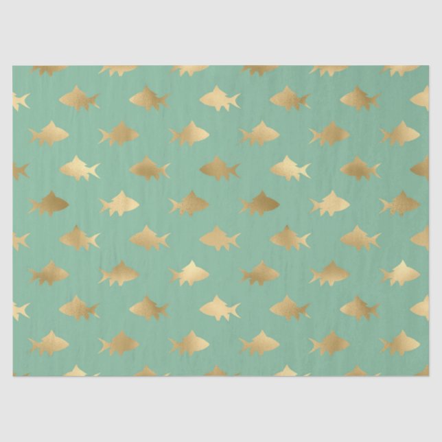 Papier Mousseline Requins d'or sur la page de découpage turquoise ou (Recto)