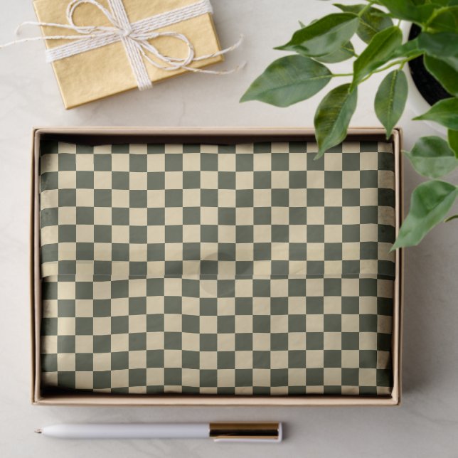 Papier Mousseline Retro Checkered in Olive Green and Cream Tissue Pa (Cadeau)