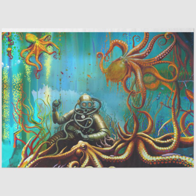 Papier Mousseline Retro Diver Métal Plongée Costume Octopus Découpag (Recto)