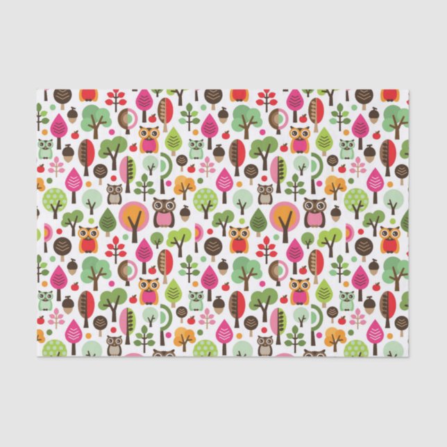 Papier Mousseline rétro motif de hibou d'arbre rose de feuille (Recto)