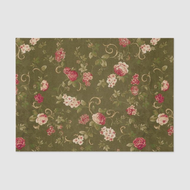Papier Mousseline Rétro motif rose et olive (Recto)