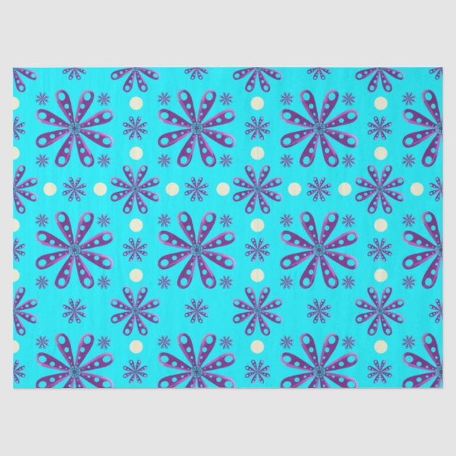 Papier Mousseline Retro Purple Flowers on Blue Background (Recto)