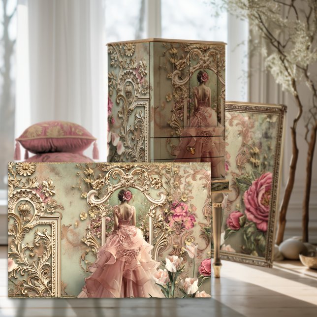 Papier Mousseline Robe De Conte De Fée, Chic De Shabby, Art Portrait (Fairy Tale Dress, Elegant Woman's back, Vintage Baroque, Romantic Floral Portrait Art Decoupage )