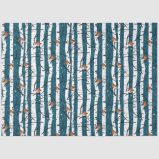 Papier Mousseline Robins européens sur bouleau d'argent dans la neig