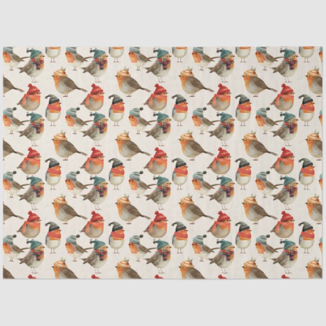 Papier Mousseline Robins mignons en casquette et écharpes d'hiver (Recto)