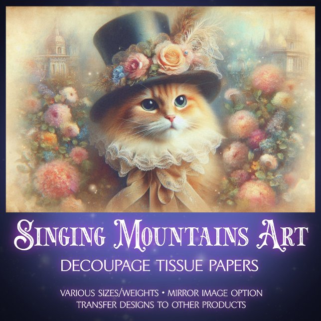 Papier Mousseline Romantic Victorian Garden Cat Decoupage  (Créateur téléchargé)