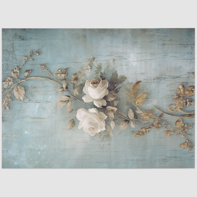Papier Mousseline Romantique blanc roses or script ornement baroque (Recto)