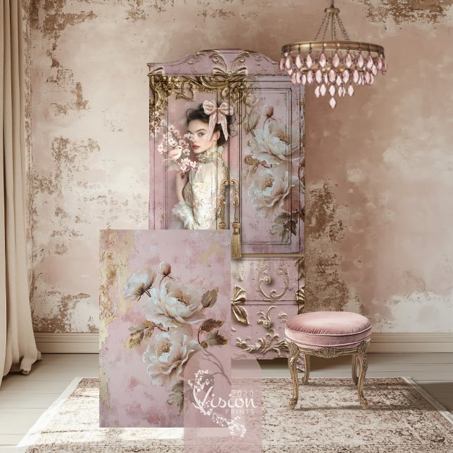 Papier Mousseline Romantique Dusty Rose rose & beige Peony floral (Rose Pink, Romantic Peony Floral and Patina with gold foil effects, Decoupage Tissue Paper.)