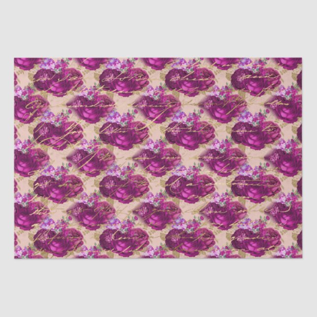 Papier Mousseline Romantique Roses magenta avec l'écriture d'or sur  (Recto)