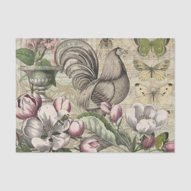Papier Mousseline Rooster Garden Flower Papillon Art (Recto)