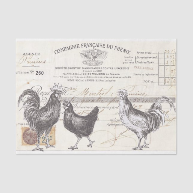 Papier Mousseline Rooster Hen French Script Ferme Déchoupage d'oisea (Recto)