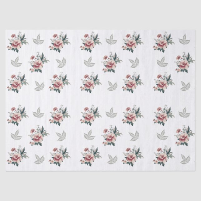 Papier Mousseline Rose aquarelle rose avec feuillage sarcelle (Recto)