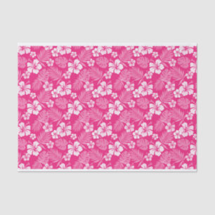 PAPIER MOUSSELINE ROSE CHAUDE AVEC FLEURS HIBISQUES BLANCHES TROPICA