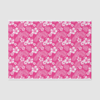 PAPIER MOUSSELINE ROSE CHAUDE AVEC FLEURS HIBISQUES BLANCHES TROPICA