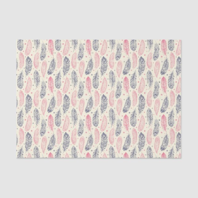 Papier Mousseline Rose et motif ethnique pourpre de plume (Recto)