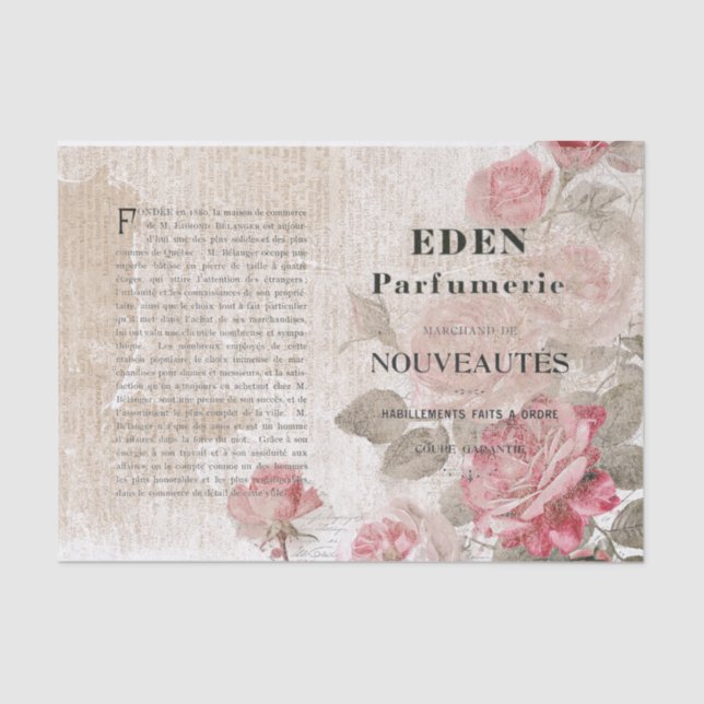 Papier Mousseline Rose Floral français Script Shabby Découpage (Recto)