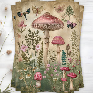 PAPIER MOUSSELINE ROSE FORÊT MUSHROOMS DÉCOUPAGE TISSU PAPIER