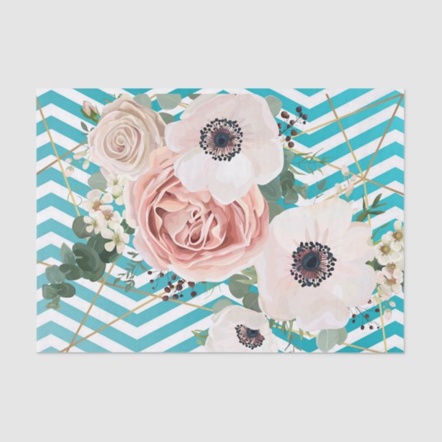 Papier Mousseline Rose géométrique  Chevron Turquoise (Recto)