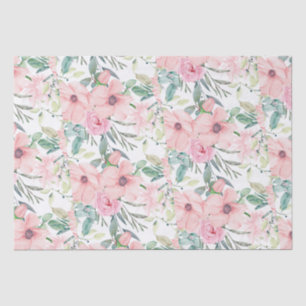 Papier Mousseline Rose Pâle Élégant Fleurs Aquarelle Feuilles Blanch