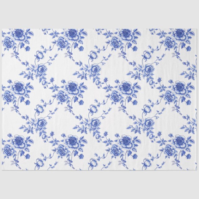 Papier Mousseline Rose Peony de la Chinoiserie Bleue et Blanche (Recto)