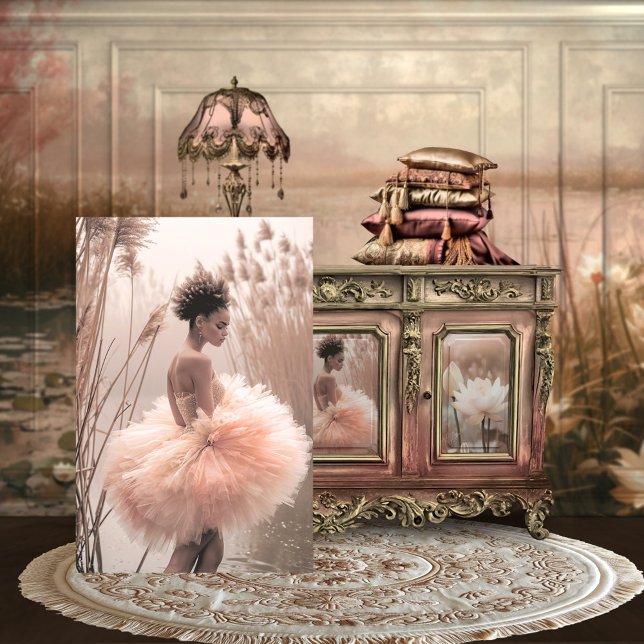 Papier Mousseline Rose rose Brown Ballerina Beauté, Misty Lake (brown girl, ballerina tutu, rose pink, pampas grass, misty lake, portrait art for DIY furniture.)