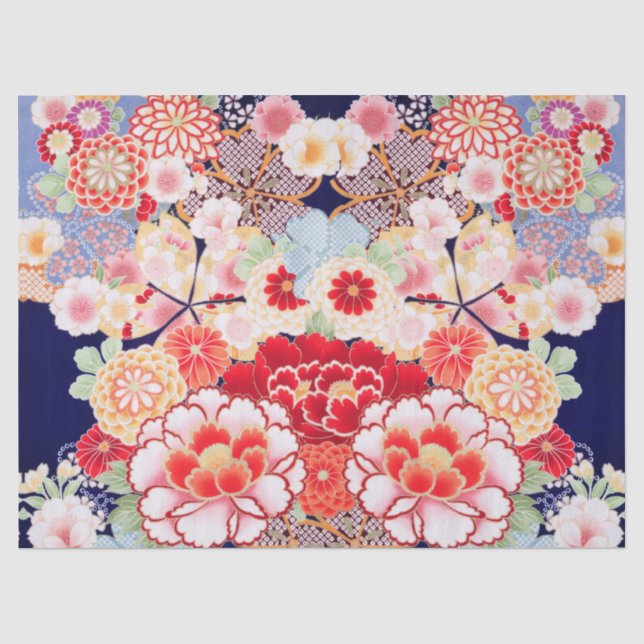 Papier Mousseline ROSE ROUGE BLANC FLEURS pivoines, Floral japonais  (Recto)