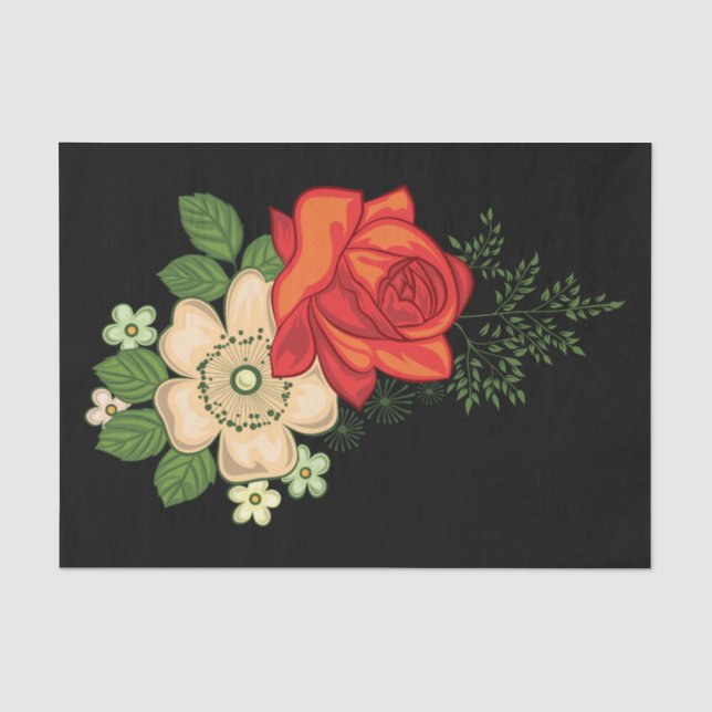 Papier Mousseline Rose rouge et marguerites Arrière - plan noir (Recto)