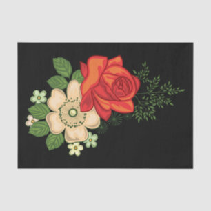 Papier Mousseline Rose rouge et marguerites sur fond noir