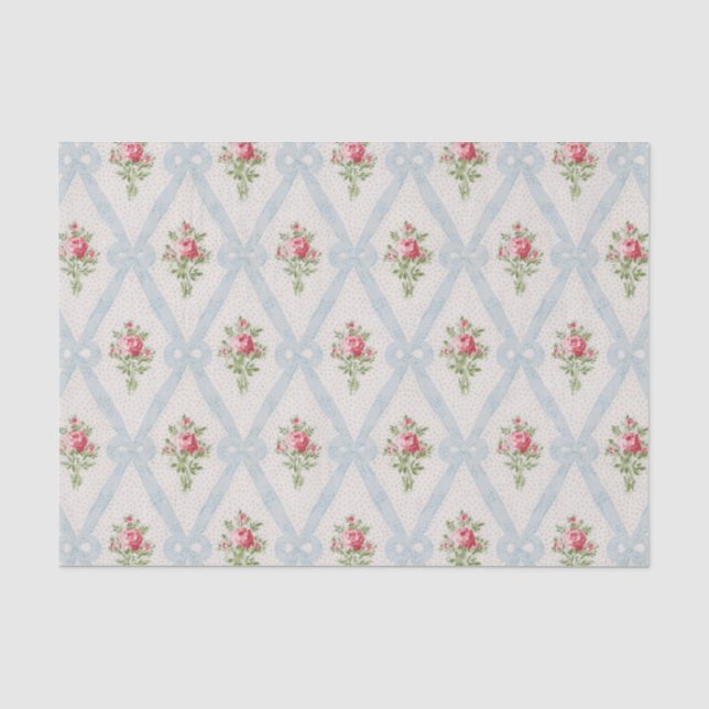 Papier Mousseline Rose Victorian Roses w/Blue Ribbon Lattice (Recto)