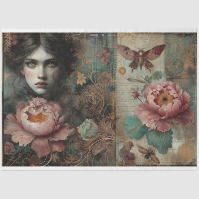 Papier Mousseline Rose victorien français Peony Ephemera Découpage (Recto)