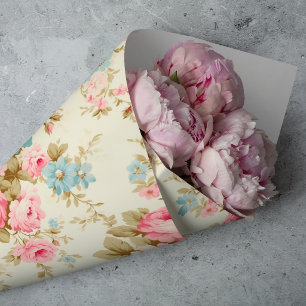 Papier Mousseline Roses anglaises roses romantiques sur fond jaune p