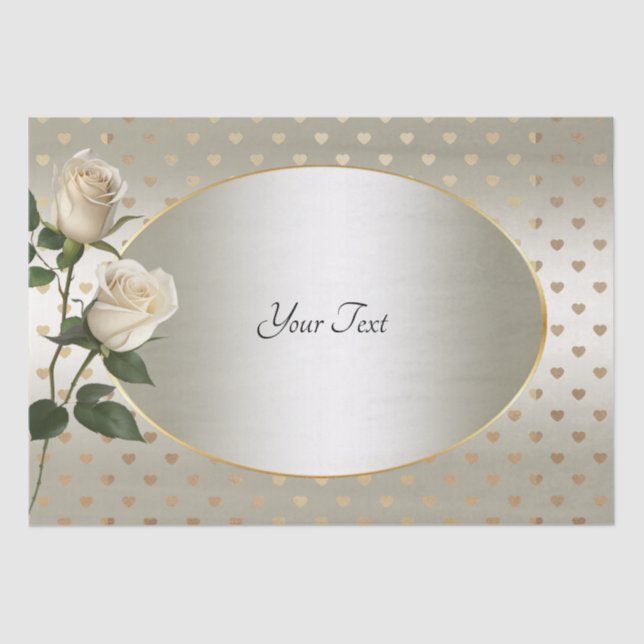 Papier Mousseline Roses blanches Coeurs d'or Papier de tissus (Recto)