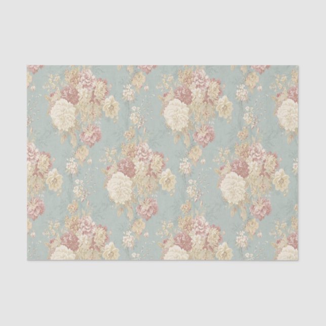 Papier Mousseline Roses blanches et roses sur fond bleu (Recto)