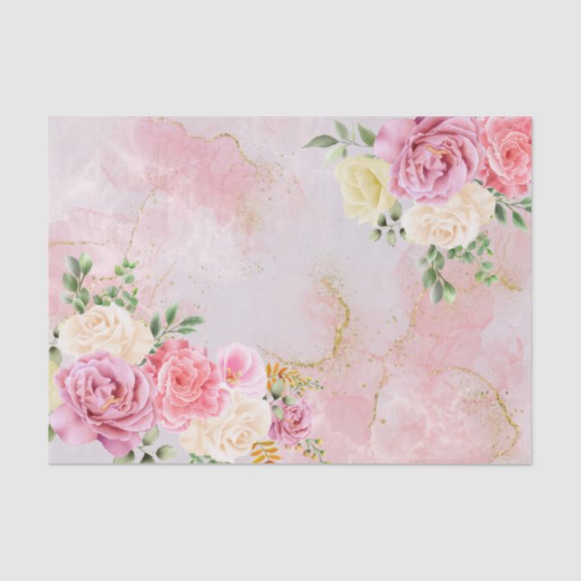 Papier Mousseline Roses blanches roses sur le marbre Aquarelle Décou (Recto)