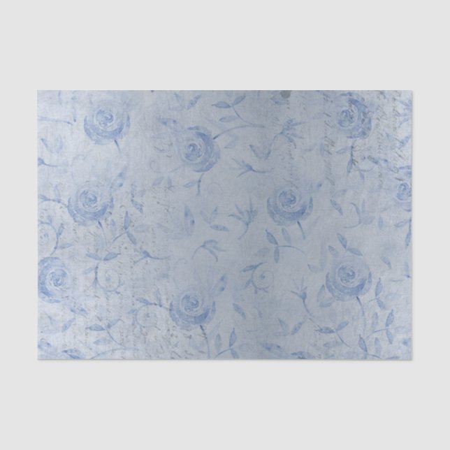 Papier Mousseline Roses Bleues Chic Floral Brillance Argentée (Recto)