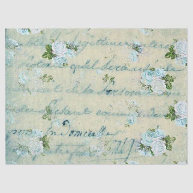 Papier Mousseline Roses bleues et blanches et découpage d'écriture (Recto)