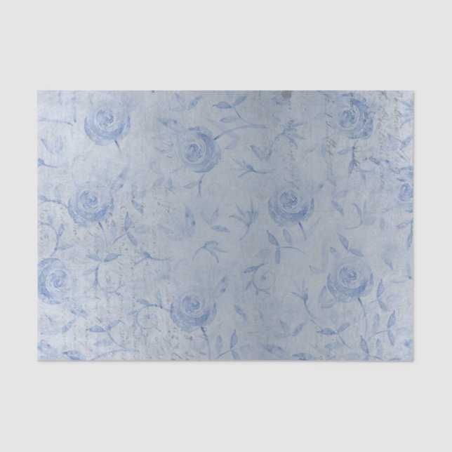 Papier Mousseline Roses Bleus Chic Floral Brillance Argentée (Recto)
