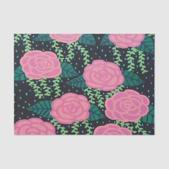 Papier Mousseline Roses de chou rose sur noir (Recto)