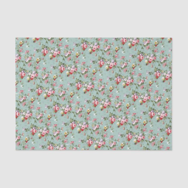 Papier Mousseline Roses de chou sur bleu pâle (Recto)