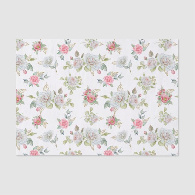 Papier Mousseline Roses élégants avec Feuilles gravés or (Recto)