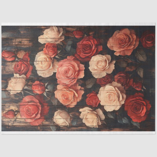 Papier Mousseline Roses en rouge et rose peint sur découpage en bois (Recto)