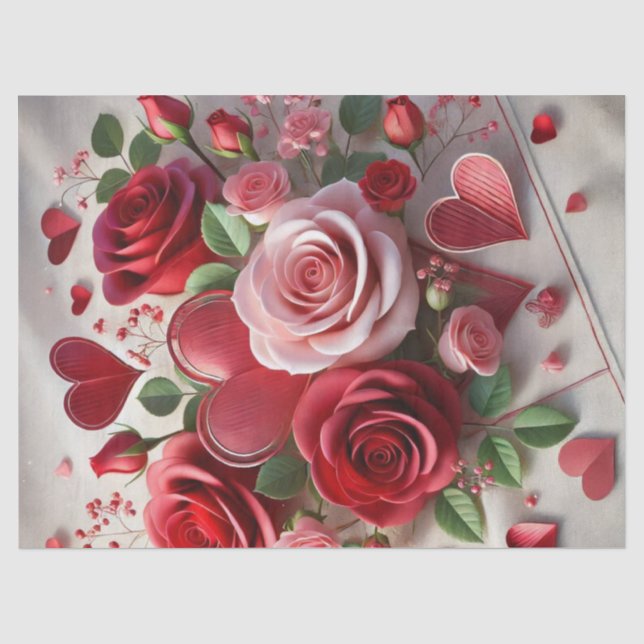 Papier Mousseline Roses et coeurs de la Saint-Valentin Papier Tissu (Recto)