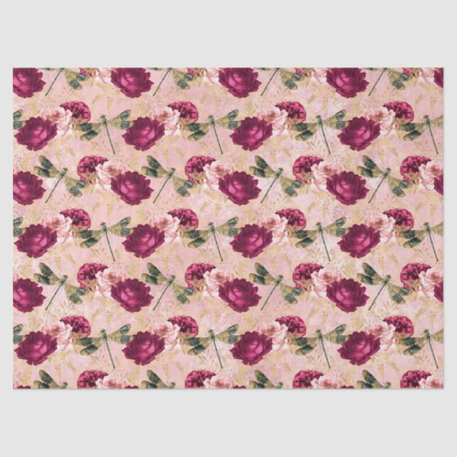 Papier Mousseline Roses et libellules (conception 4) (Recto)