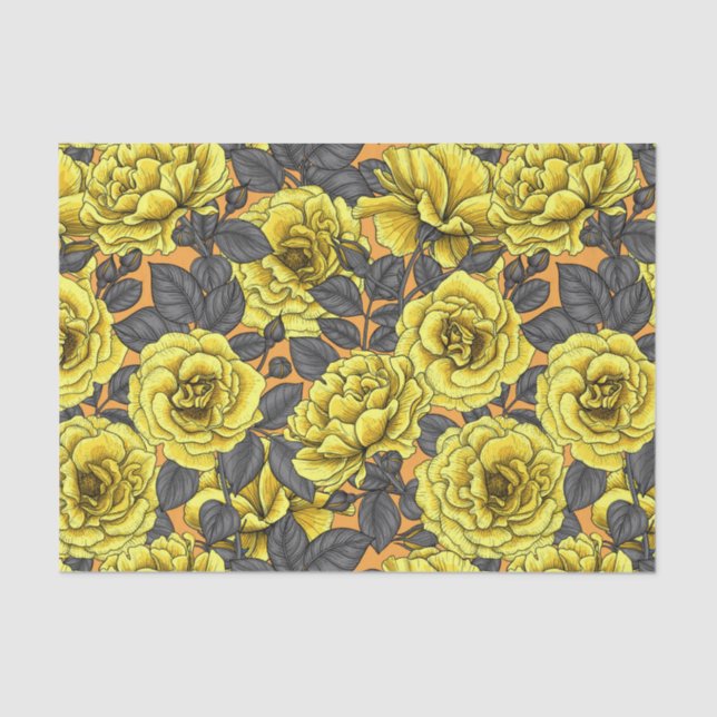 Papier Mousseline Roses jaunes avec feuilles gris sur orange (Recto)