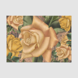 Papier Mousseline Roses jaunes et bois rustique campagne shabby chic