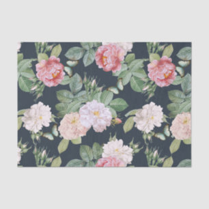 Papier Mousseline Roses rose florale Papillons Feuille gris foncé