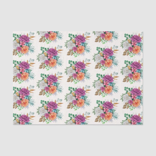 Papier Mousseline Roses rose, orange et blanche Motif Floral (Recto)