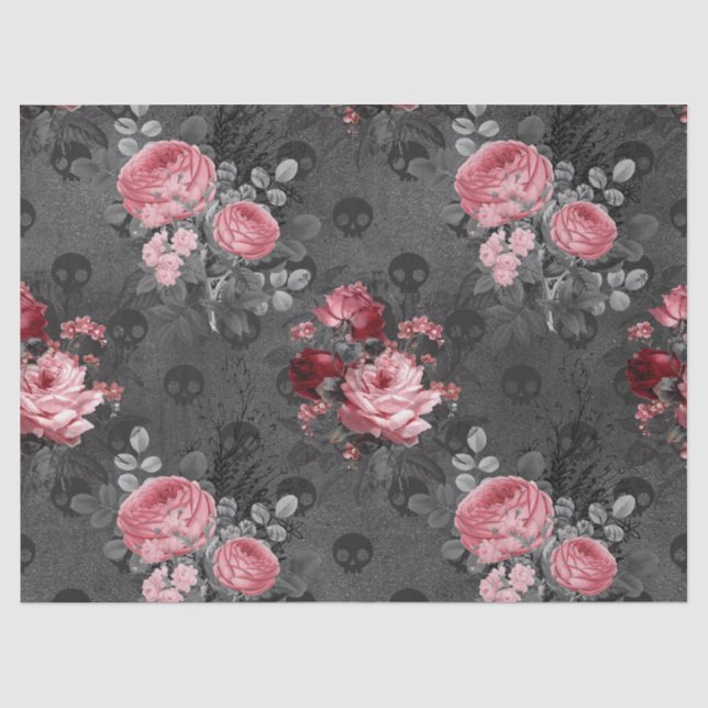 Papier Mousseline Roses roses et crânes roses sur une page de découp (Recto)