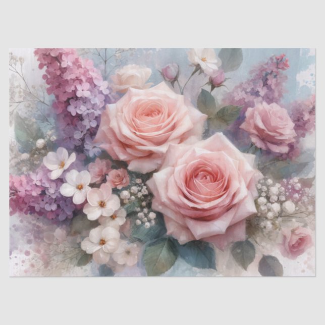 Papier Mousseline Roses roses violettes Lilacs Aquarelle Découpage (Recto)